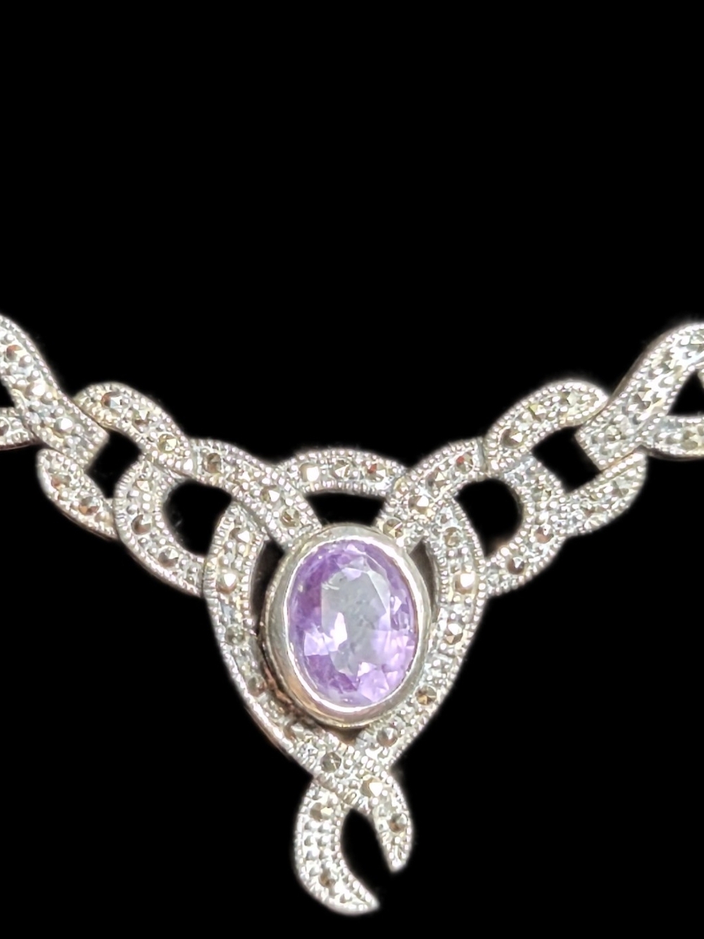 Sterling Silver Amethyst Marcasite Statement Necklace